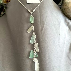 20 inch silver tone chain necklace with lite blue and White Sea glass